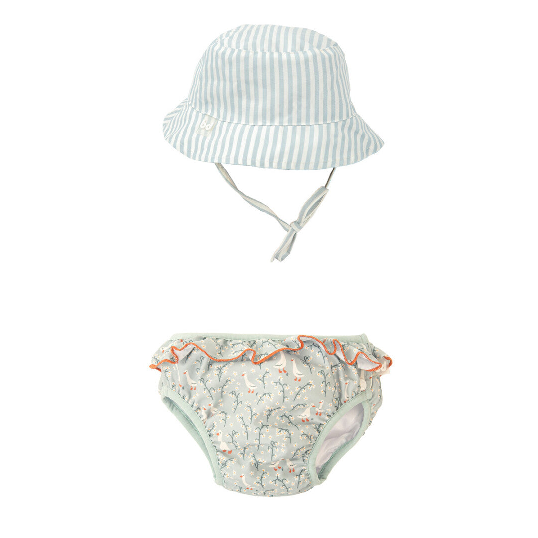 SET COSTUME DA BAGNO CON BERRETTO UV BEIGE\VERDE
